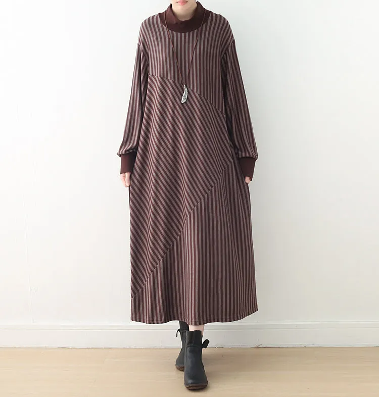 Women Autumn Stripe Cotton Loose Dress