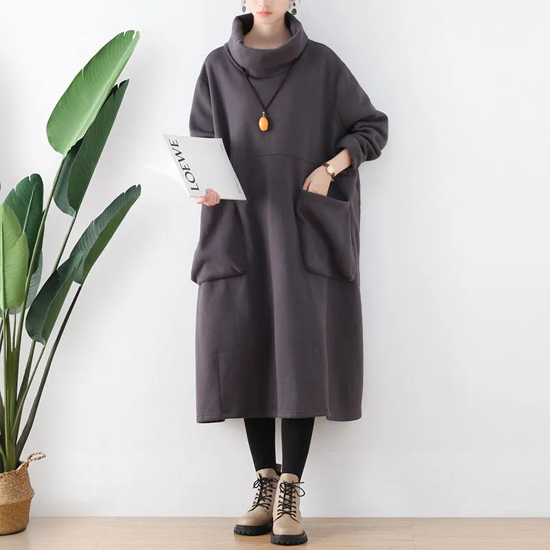 Women Autumn Winter Cotton Loose Retro Solid Dress