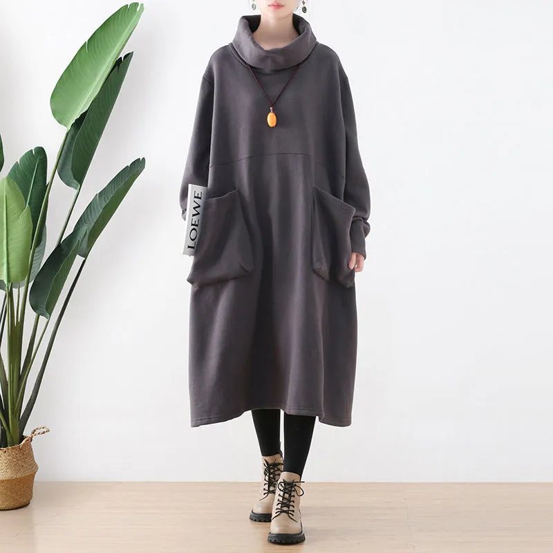 Women Autumn Winter Cotton Loose Retro Solid Dress