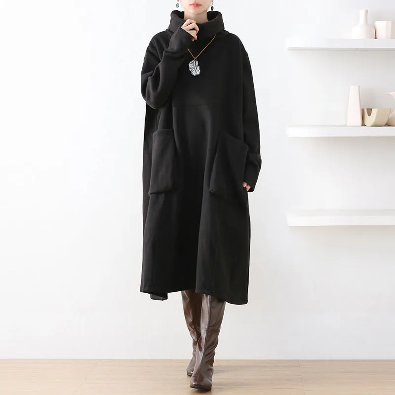 Women Autumn Winter Cotton Loose Retro Solid Dress