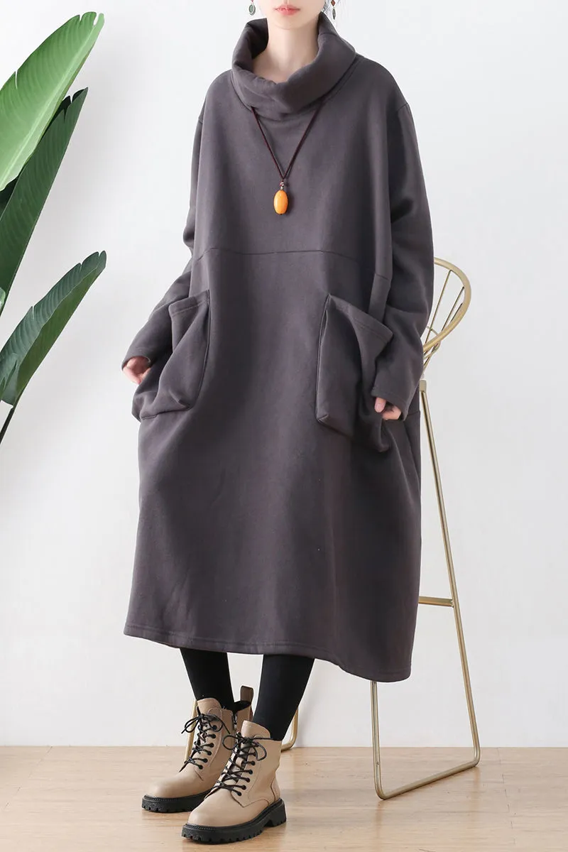 Women Autumn Winter Cotton Loose Retro Solid Dress