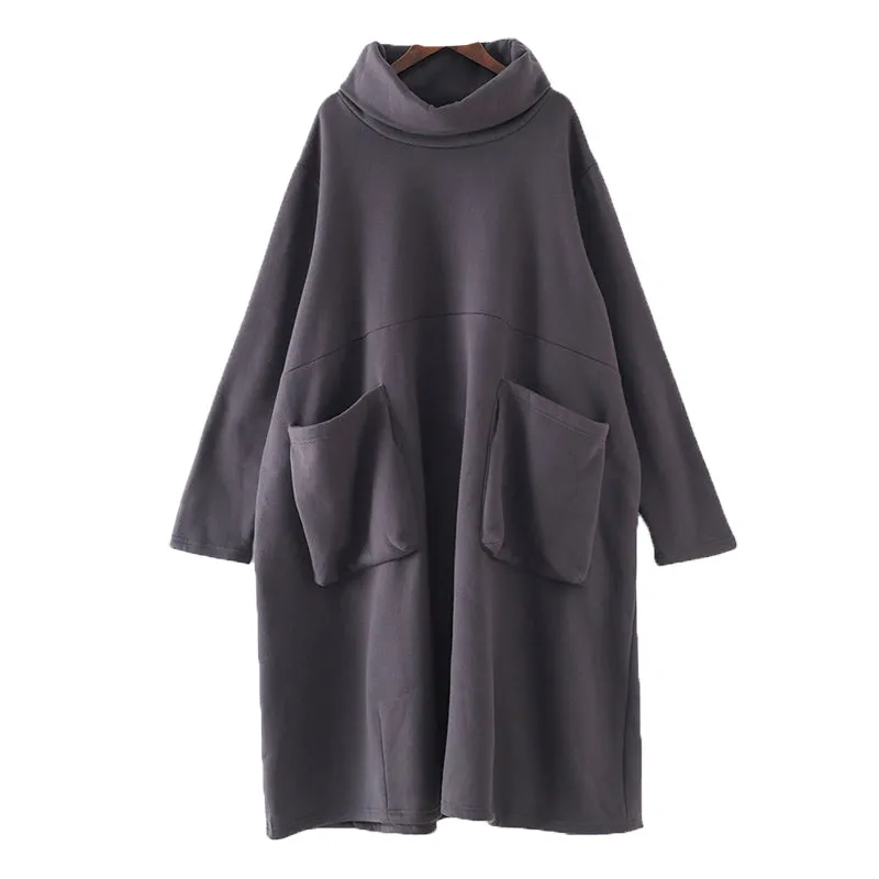 Women Autumn Winter Cotton Loose Retro Solid Dress