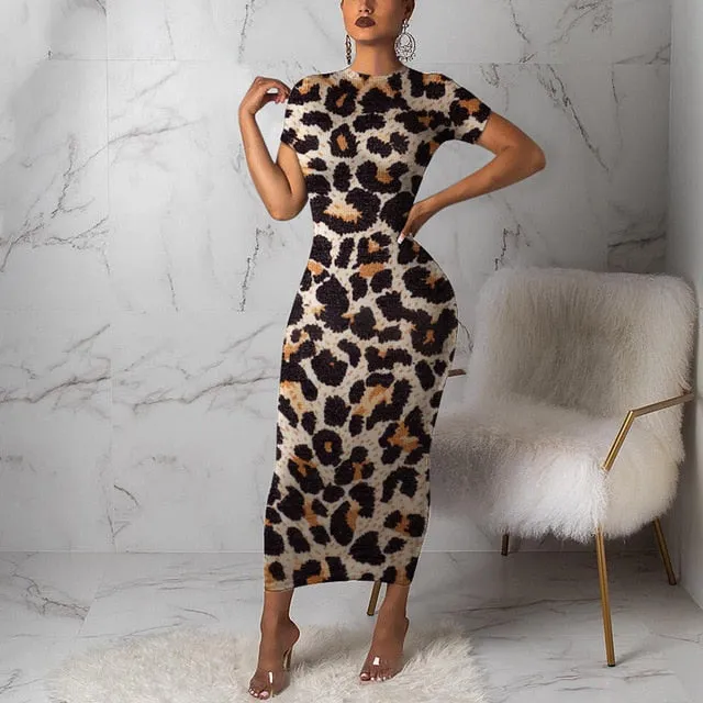 Women Leopard Short Sleeve Maxi Dress Church Party Robe Tunic Vestidos Plus Size Party Night Spring Summer Bodycon Dresses