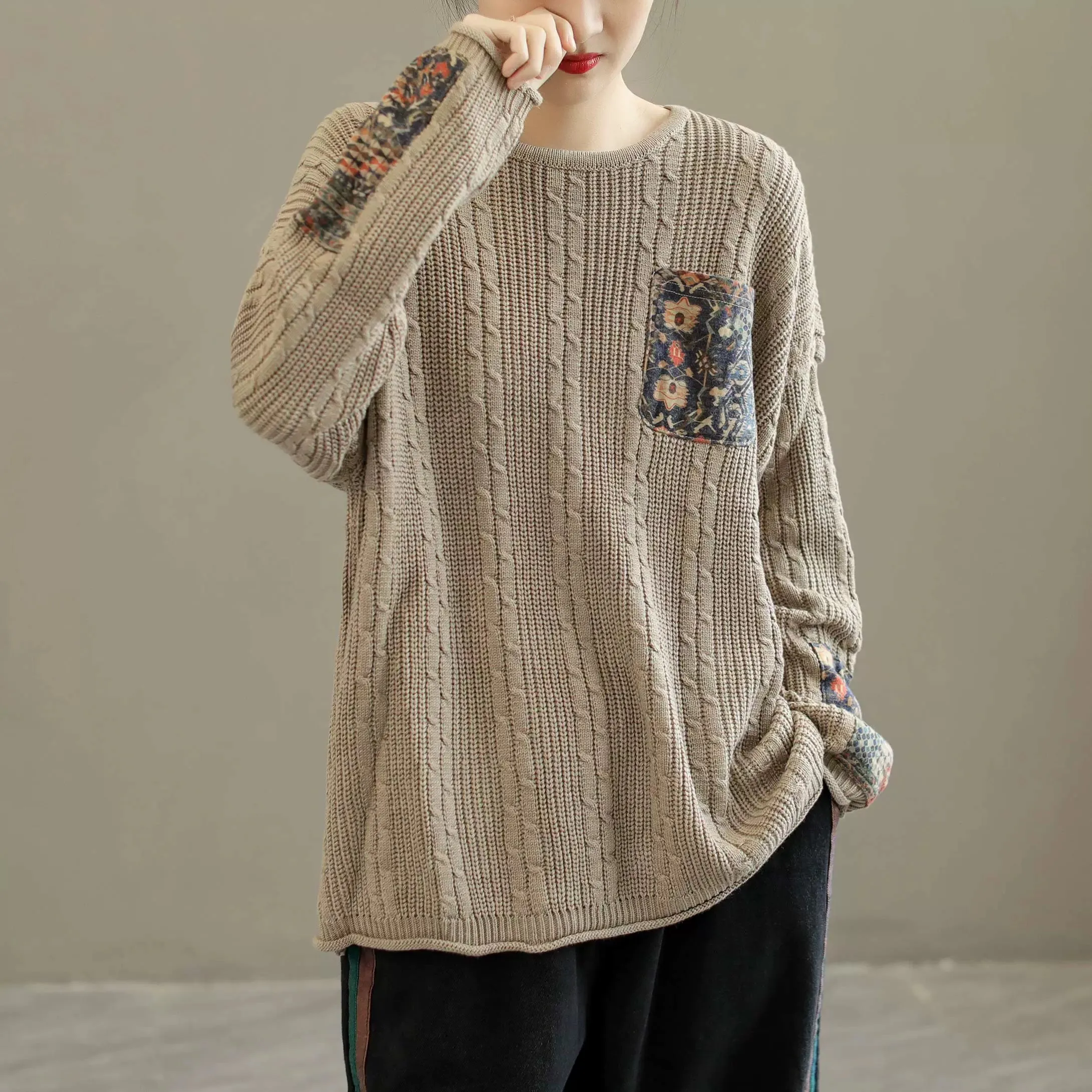 Women Retro Cotton Knitted Autumn Pullover Sweater