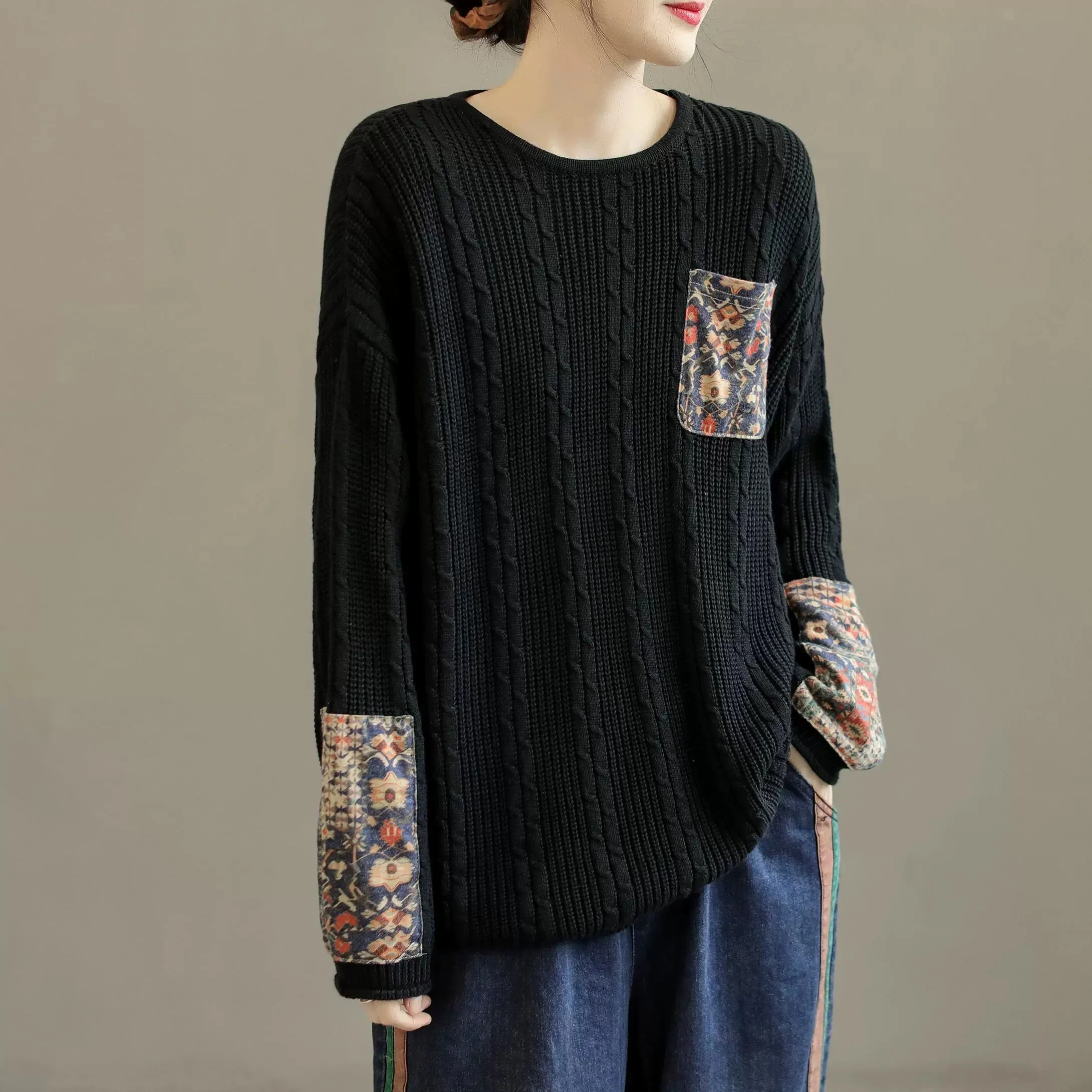 Women Retro Cotton Knitted Autumn Pullover Sweater