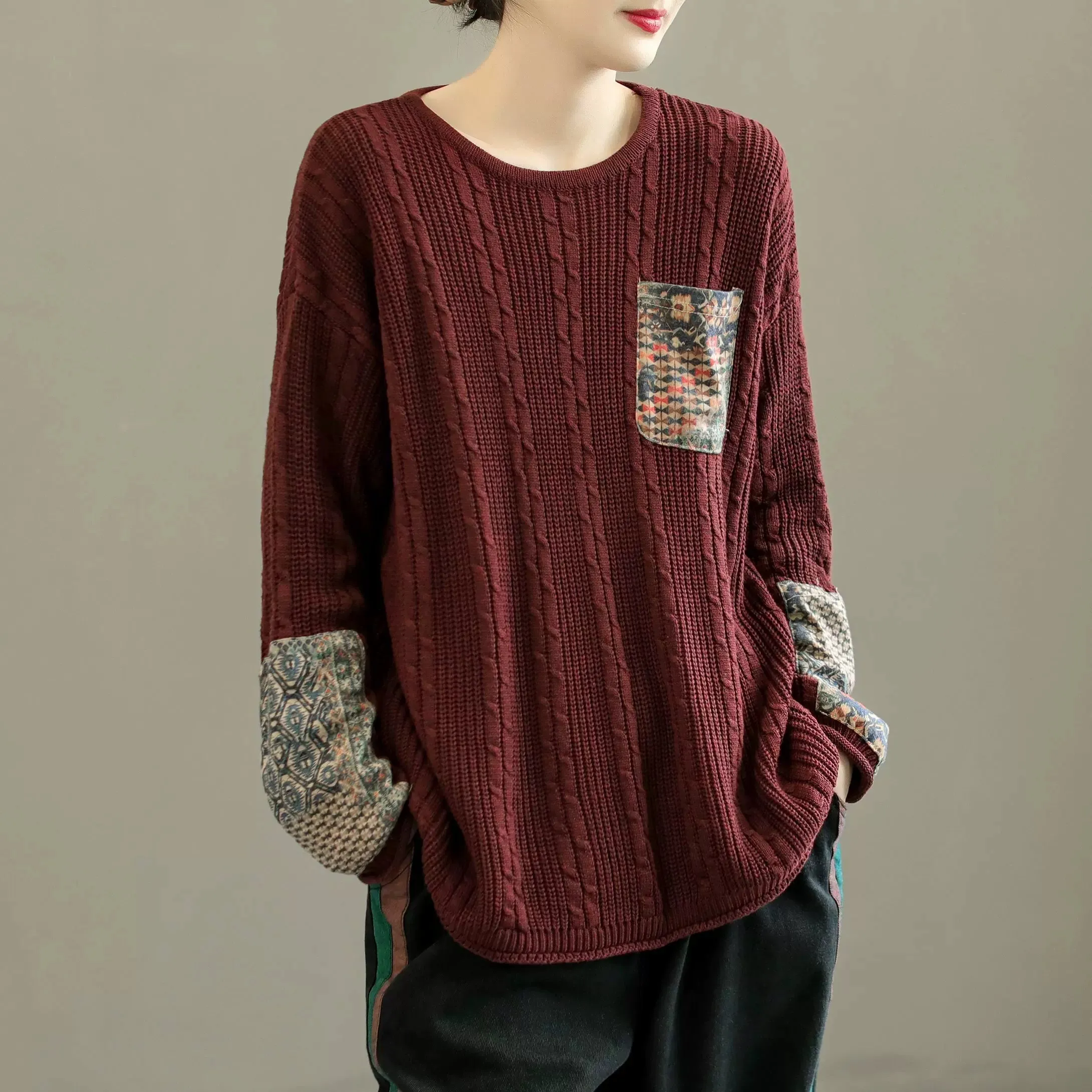 Women Retro Cotton Knitted Autumn Pullover Sweater