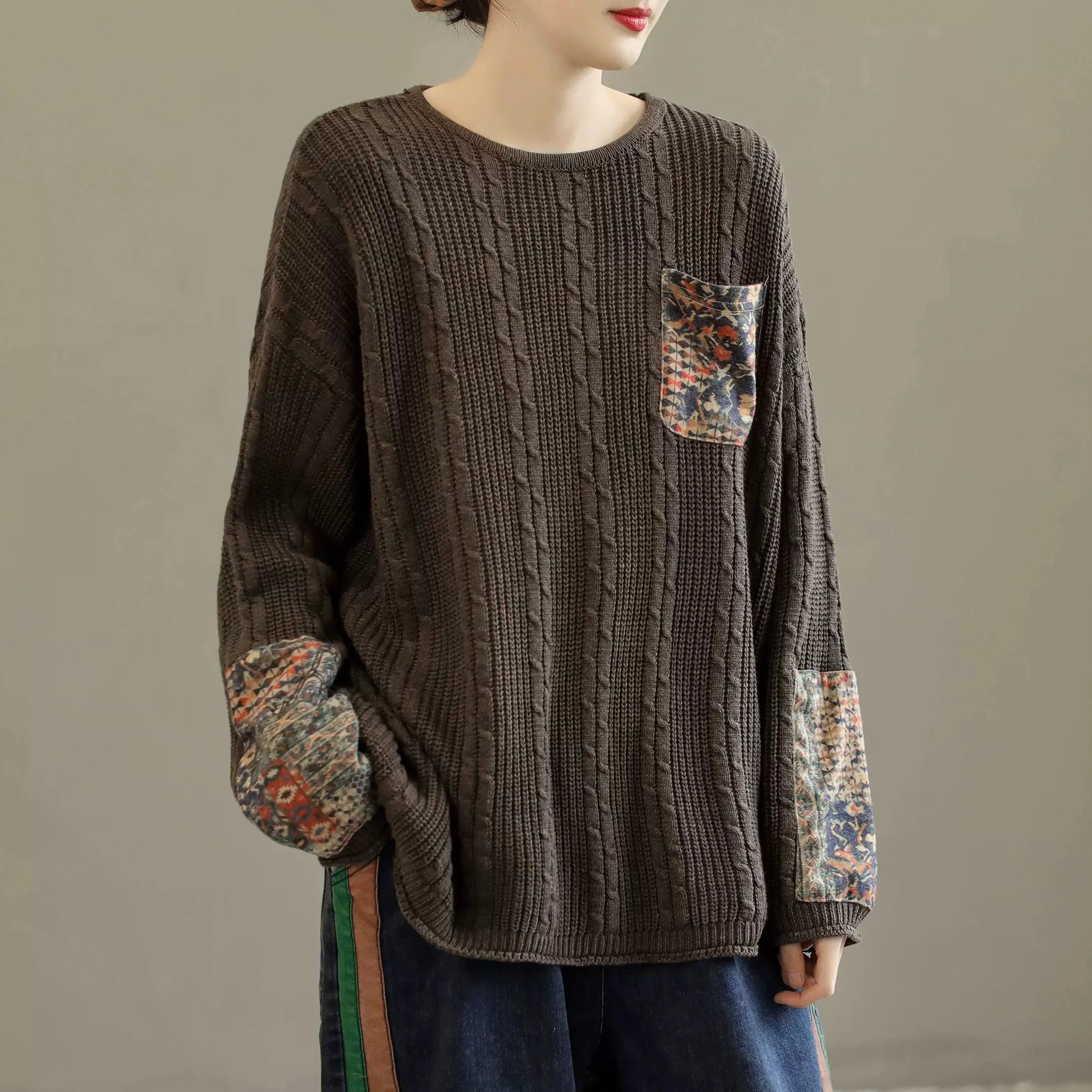 Women Retro Cotton Knitted Autumn Pullover Sweater