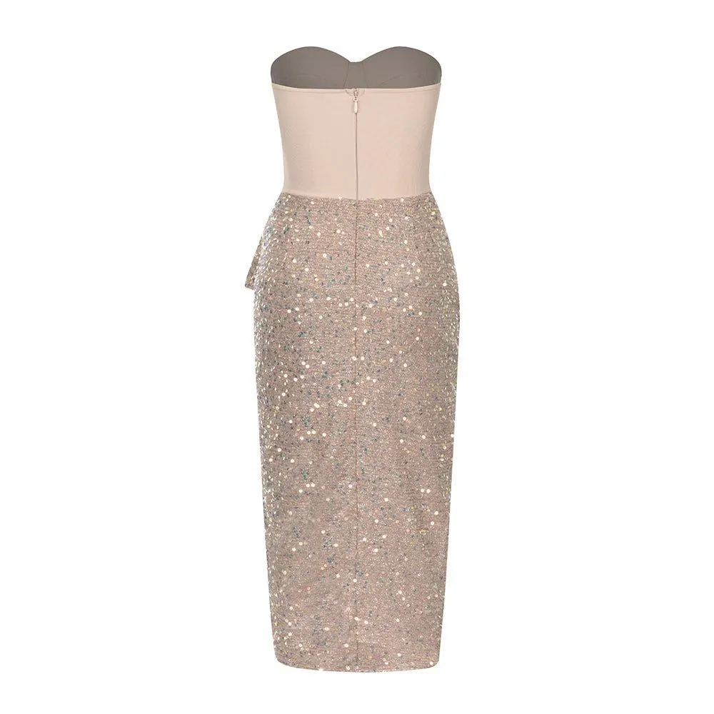 Women's Sequined Strapless Midi Bandage Dress | Sleeveless Summer Party Sundress